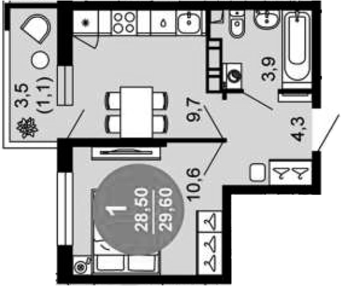 1-комн., 28.5 м², 2/12 этаж, ЖК «Флора»