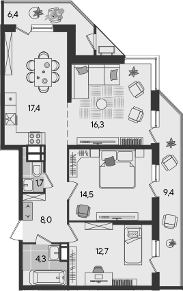 4+ комнаты, 74.9 м², 22/24 этаж, ЖК «Рекорд»