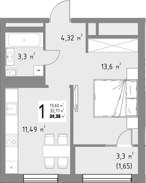 Продается 1-комн. квартира, 32.71 м²