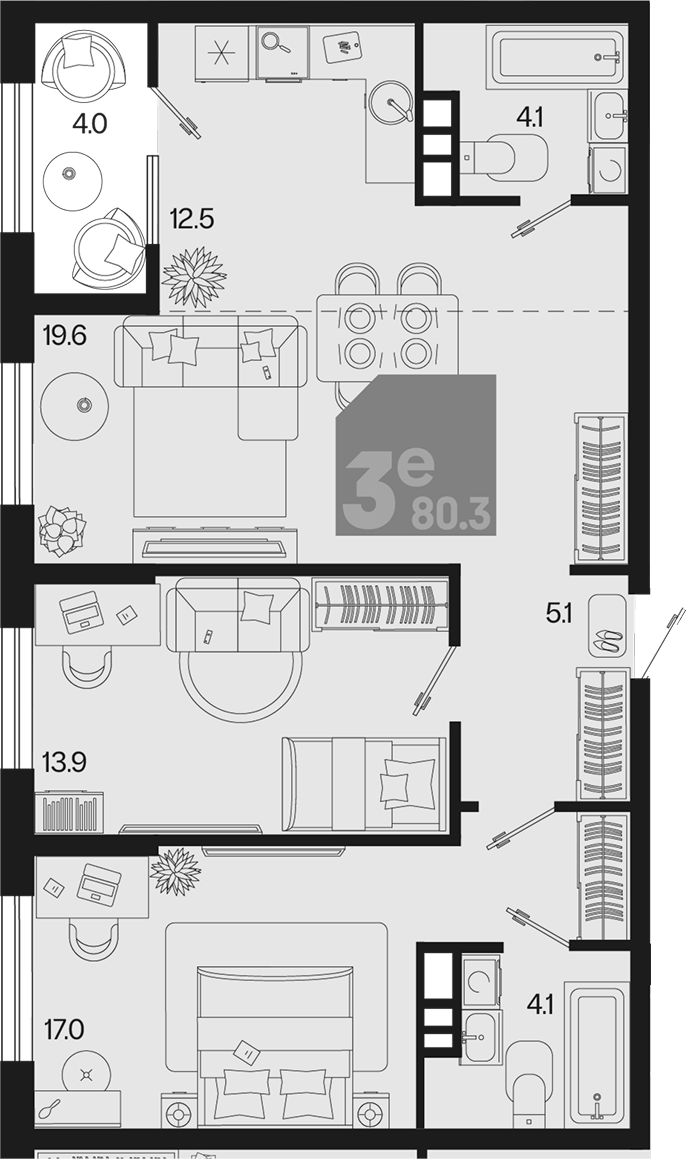 3-комн., 76.3 м², 9/9 этаж, ЖК «Первое место»
