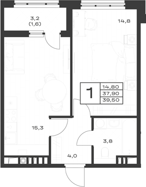 1-комн., 37.9 м², 4/4 этаж, ЖК «ЭкоСфера. ГК Во-первых»
