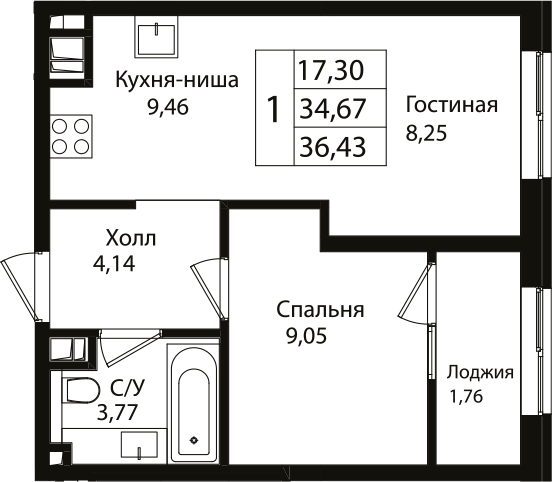 2-комн., 34.67 м², 8/12 этаж, ЖК «Патрики»