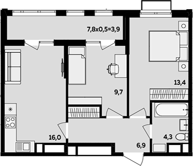 3-комн., 50.3 м², 12/16 этаж, ЖК «МегаСити»