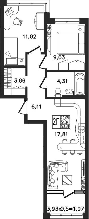 3-комн., 51.34 м², 5/16 этаж, ЖК «Яблоневый»
