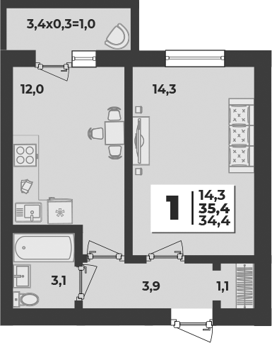 1-комн., 34.4 м², 4/5 этаж, ЖК «Дарград»