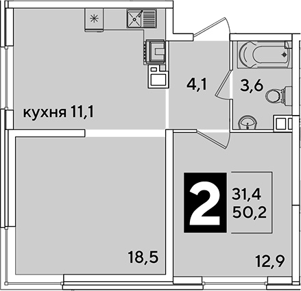 2-комн., 50.2 м², 3/16 этаж, ЖК «Самолет»