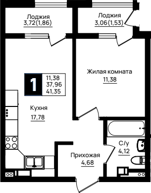Продается 1-комн. квартира, 37.96 м²