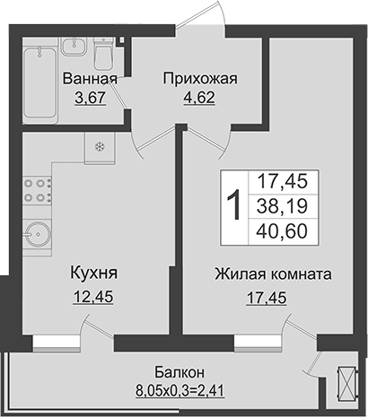 1-комн., 38.19 м², 1/16 этаж, ЖК «Зеленый театр»