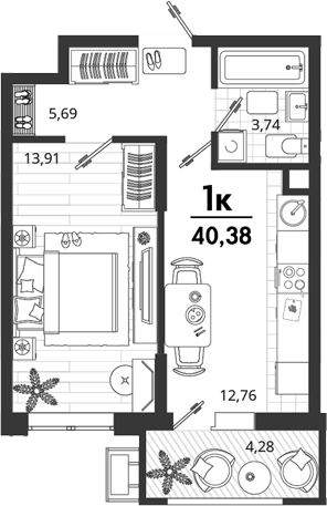 1-комн., 36.1 м², 2/9 этаж, ЖК «Родные Просторы»
