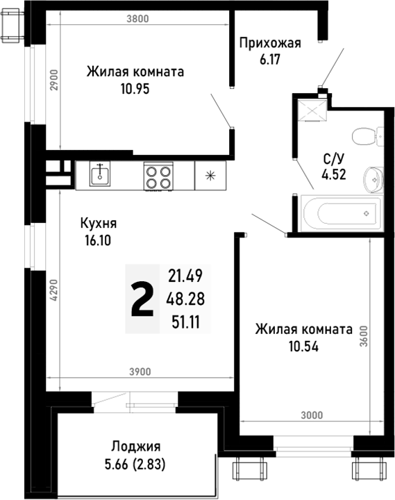 2-комн., 48.28 м², 4/4 этаж, ЖК «Усадьба Гостагаевская»