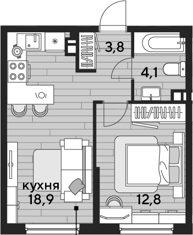 1-комн., 39.6 м², 3/16 этаж, ЖК «DОГМА ПАРК»