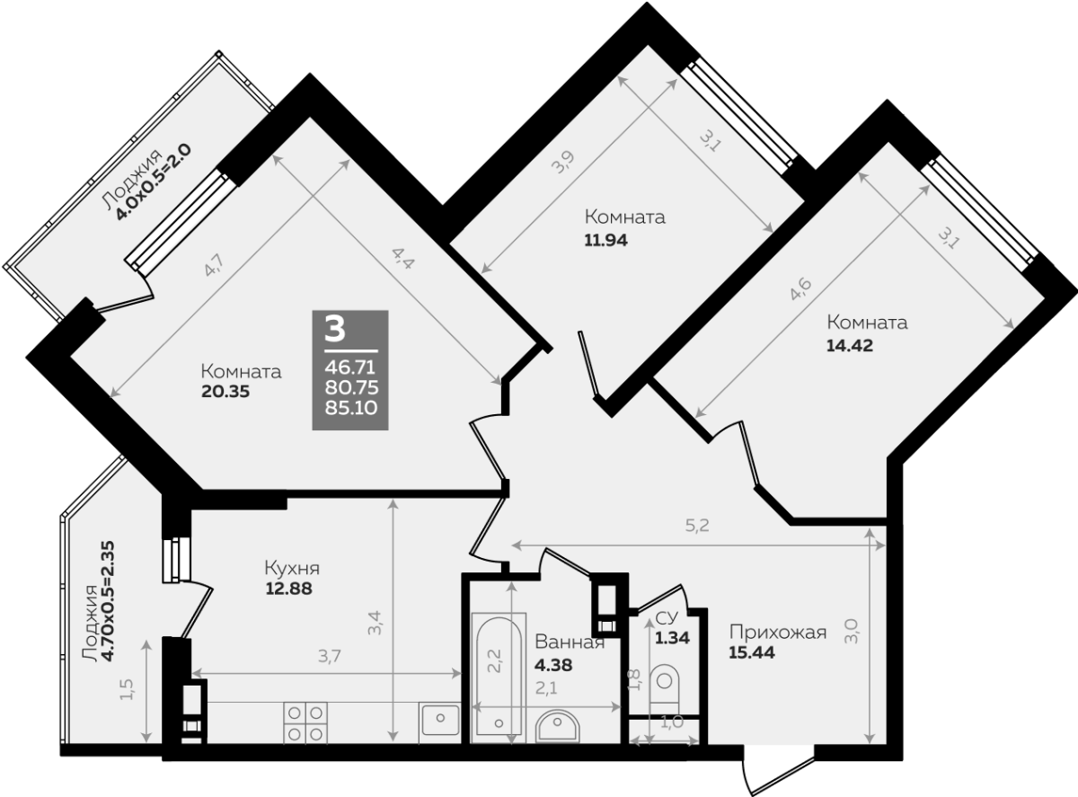 3-комн., 76.75 м², 3/24 этаж, ЖК «Левада»
