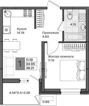 1-комн., 34.95 м², 7/8 этаж, ЖК «МОНО квартал»