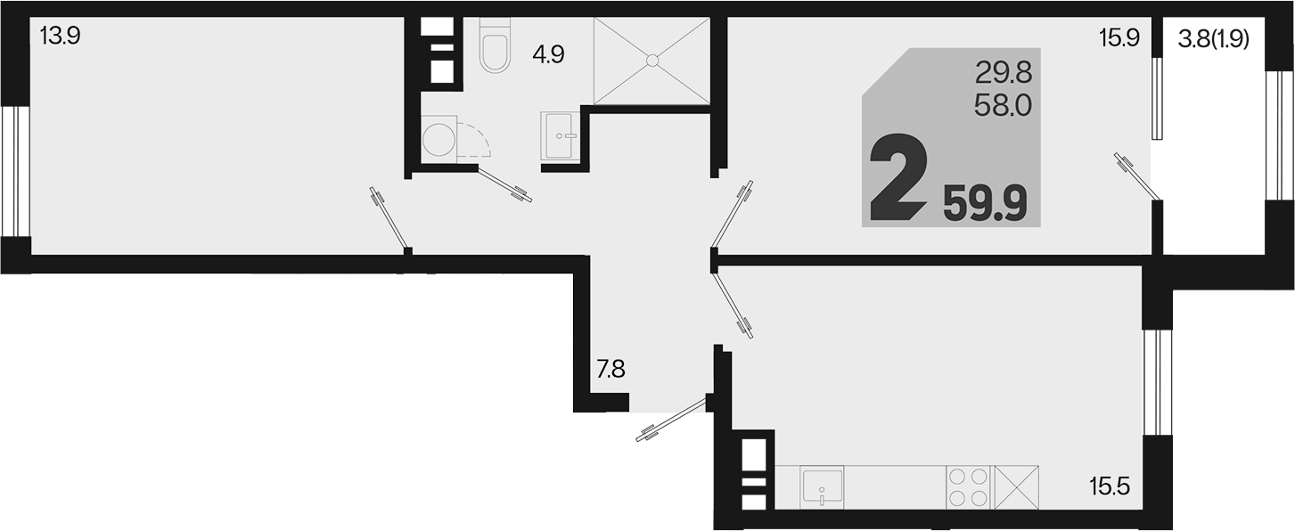3-комн., 58 м², 5/9 этаж, ЖК «Первое место»