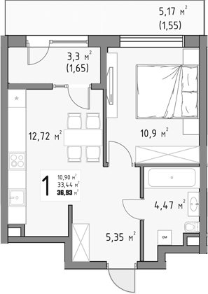 1-комн., 33.73 м², 3/15 этаж, ЖК «Коллекция»