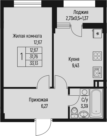 1-комн., 31.76 м², 1/10 этаж, ЖК «Ритм»