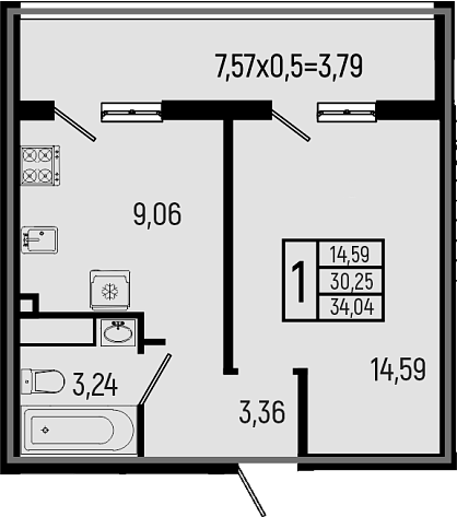 1-комн., 30.25 м², 3/9 этаж, ЖК «Ботаника Хиллс»