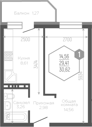 1-комн., 29.63 м², 19/19 этаж, ЖК «Черкасская»