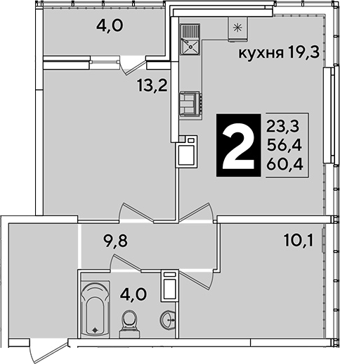 3-комн., 56.4 м², 15/16 этаж, ЖК «Самолет»