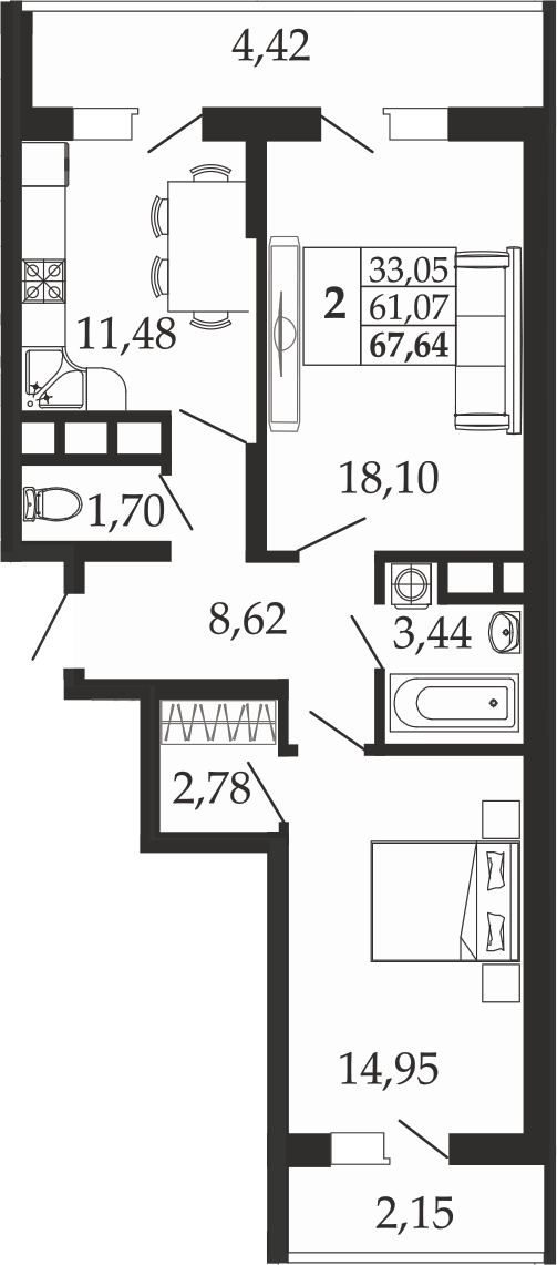 2-комн., 61.07 м², 7/18 этаж, ЖК «Родные Просторы»