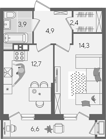 1-комн., 38.2 м², 10/24 этаж, ЖК «Рекорд»