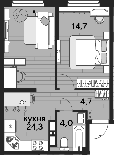 1-комн., 47.7 м², 11/16 этаж, ЖК «DОГМА ПАРК»