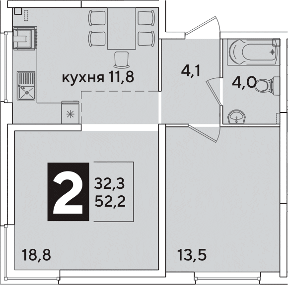 2-комн., 52.2 м², 2/16 этаж, ЖК «Самолет»
