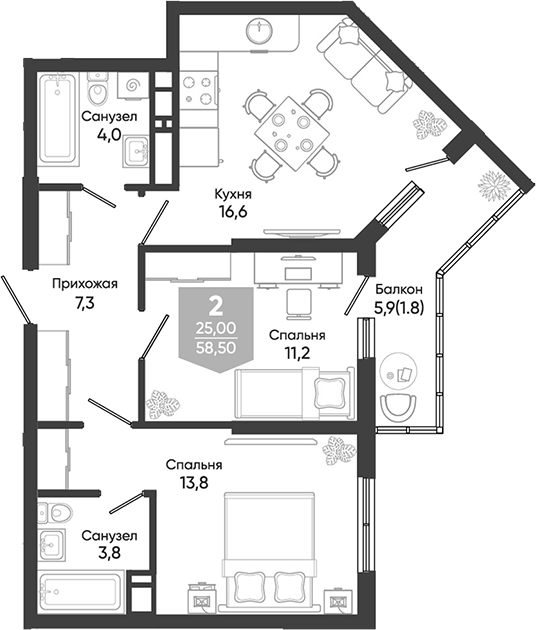 3-комн., 56.7 м², 3/24 этаж, ЖК «Облака»