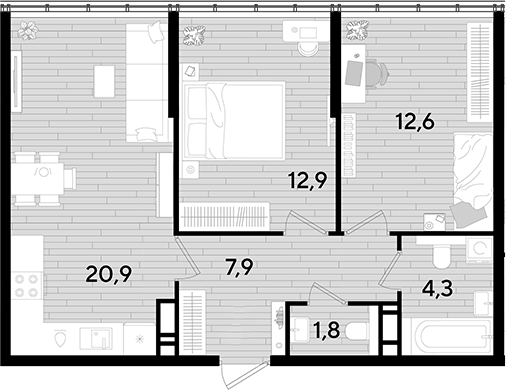 2-комн., 60.4 м², 15/16 этаж, ЖК «DОГМА ПАРК»
