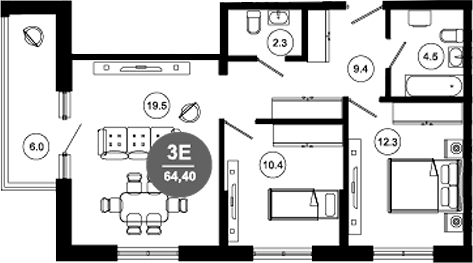 3-комн., 58.4 м², 5/10 этаж, ЖК «Гостиничный комплекс GREENMONT»