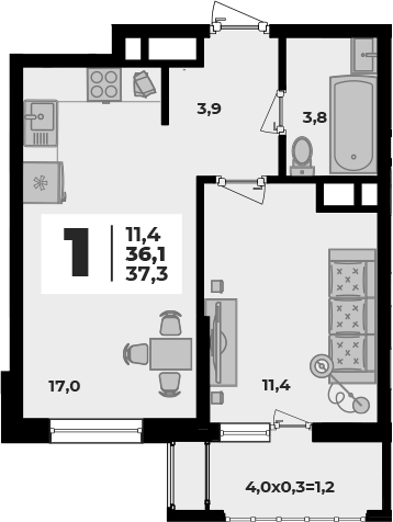 2-комн., 36.1 м², 1/8 этаж, ЖК «Родной дом 5»