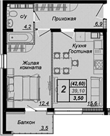 1-комн., 39.1 м², 14/15 этаж, ЖК «Чайные Холмы»