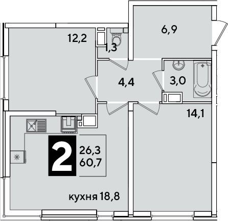 3-комн., 60.7 м², 15/16 этаж, ЖК «Самолет»