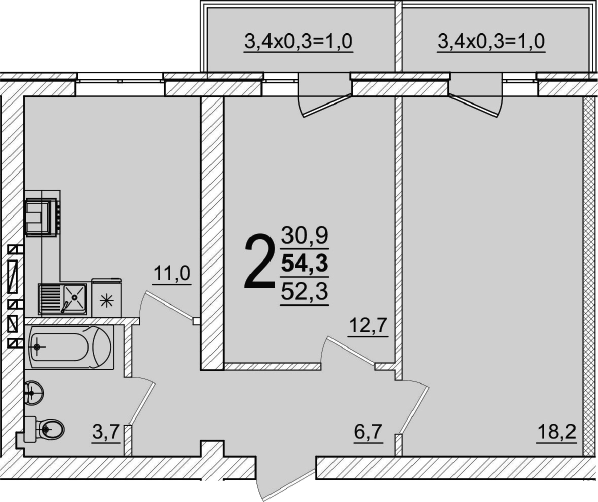 2-комн., 52.3 м², 3/5 этаж, ЖК «Дарград»
