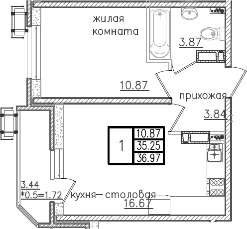 2-комн., 35.25 м², 18/23 этаж, ЖК «Урал»