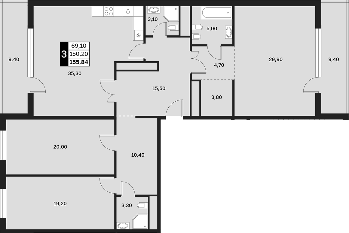 3-комн., 150.2 м², 9/9 этаж, ЖК «Аксис Патриот»