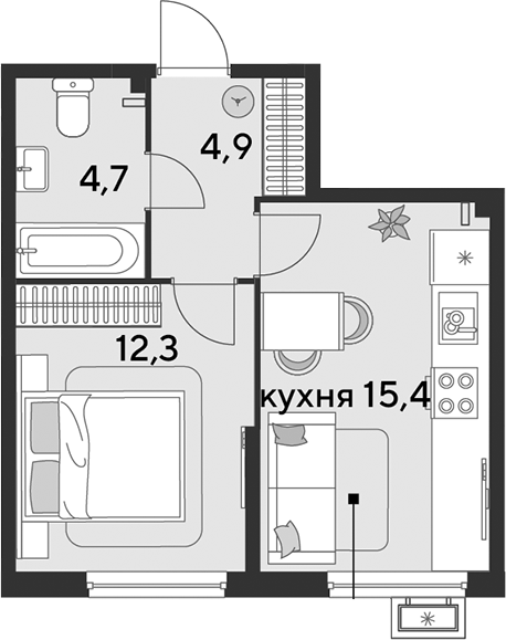 2-комн., 37.3 м², 2/9 этаж, ЖК «Парк Победы»