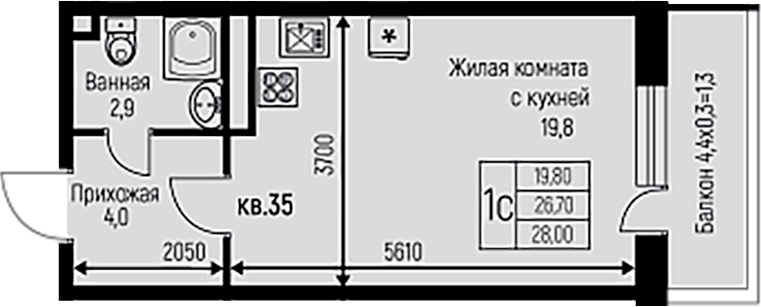 Студия, 26.7 м², 3/3 этаж, ЖК «Nova Vita»