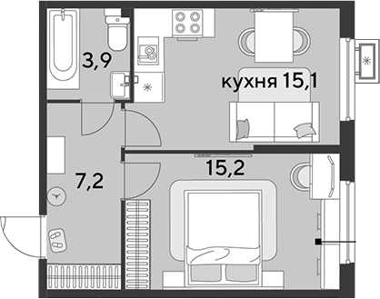 2-комн., 41.4 м², 2/9 этаж, ЖК «Парк Победы»