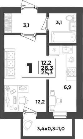 1-комн., 25.3 м², 1/5 этаж, ЖК «Дарград»