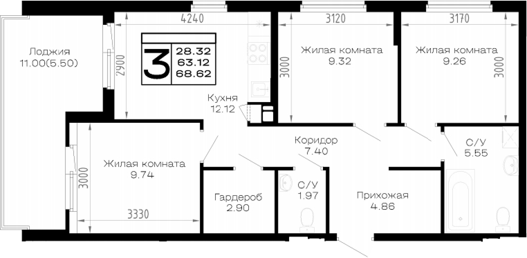 3-комн., 63.12 м², 2/4 этаж, ЖК «Усадьба Гостагаевская»