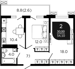 2-комн., 53.1 м², 2/23 этаж, ЖК «Отражение»
