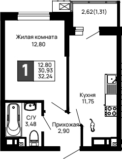 1-комн., 30.93 м², 14/14 этаж, ЖК «Долина»