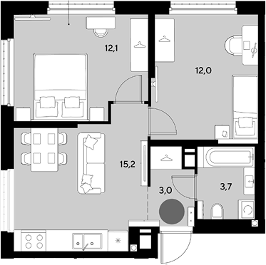 3-комн., 46 м², 18/18 этаж, ЖК «Грейд»