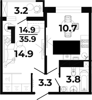 1-комн., 32.7 м², 6/8 этаж, ЖК «Горячий»