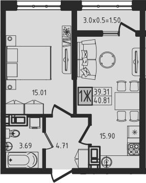 2-комн., 39.31 м², 1/9 этаж, ЖК «Яблоневый»