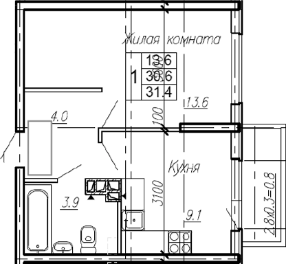 1-комн., 30.6 м², 4/4 этаж, ЖК «Эво»