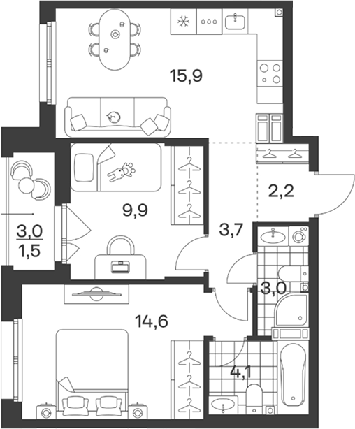 3-комн., 53.4 м², 4/8 этаж, ЖК «Символ. ГК Трест»