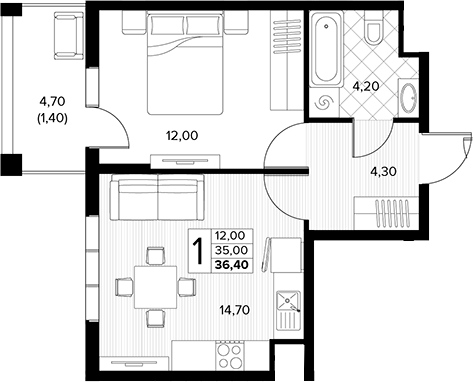 1-комн., 35 м², 3/7 этаж, ЖК «Кипарис»