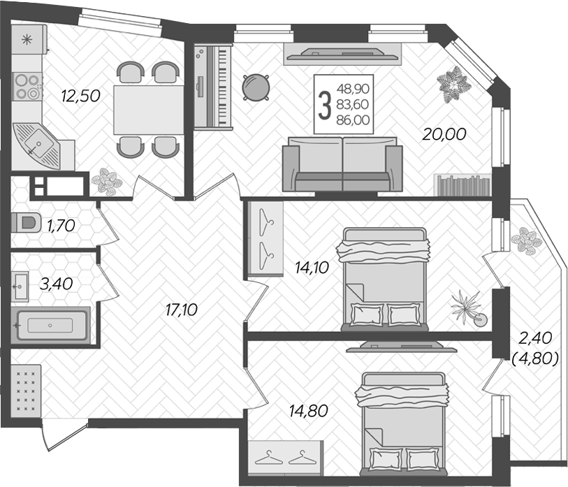 3-комн., 83.6 м², 15/16 этаж, ЖК «Зеленодар»